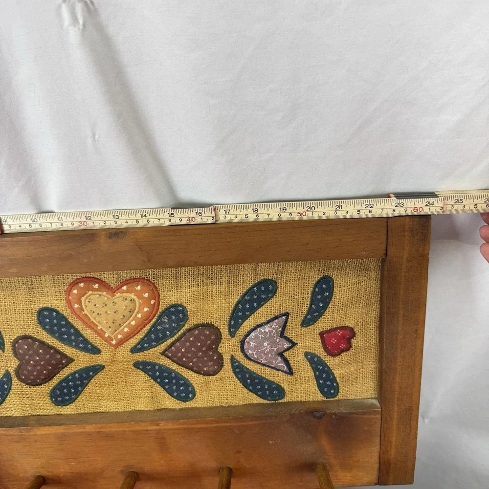 Vtg primitive burlap patchwork country heart Rack Wood Wall Mount Coat Hat Peg
